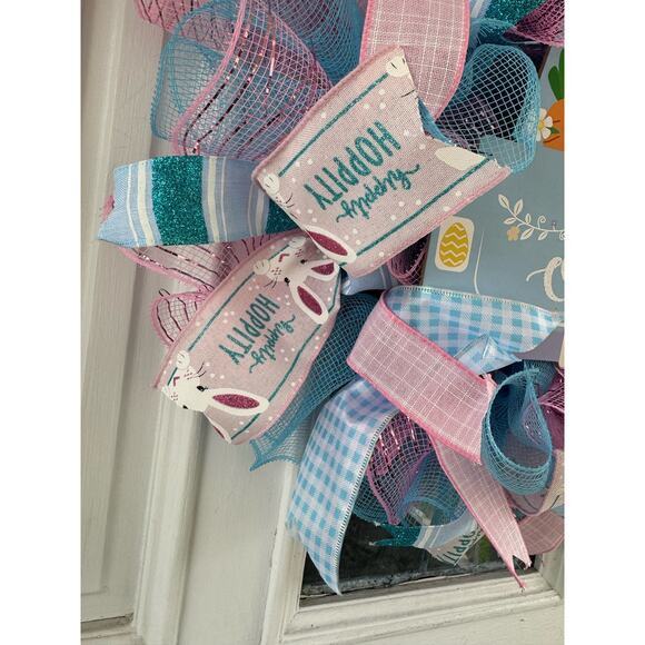Handcrafted "Hop On In" Bunny Wreath - Easter/Spring Decor, Pastel Colors - Picture 3 of 9